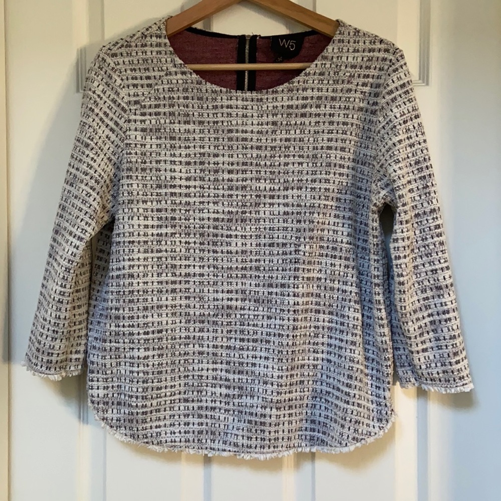 Crosshatched Blouse with Fringe Trim